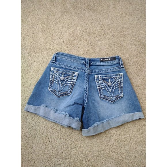 Vigoss Heritage Fit Embroidered Pocket Women's Blue Denim Shorts Size 4 Rise 9" - Picture 2 of 8